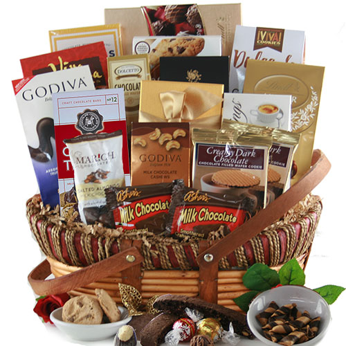 A true chocolate lover's gift basket, including all the favorites.