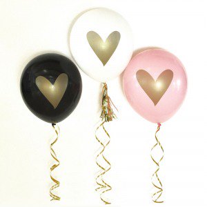 12" gold heart design on colored balloons for decorating a bridal shower.