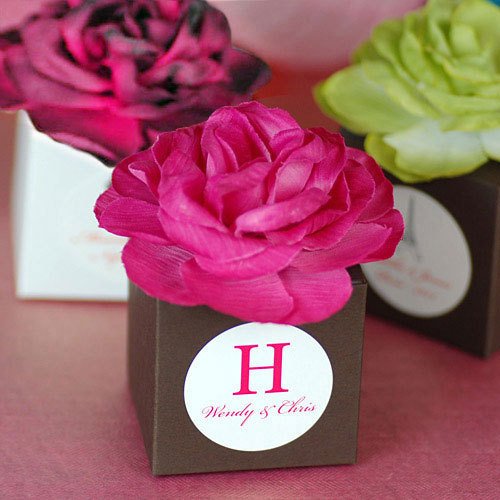 Flowers in your party color, and your choice of font, ink color, and label design will make these bridal shower favor boxes unique.