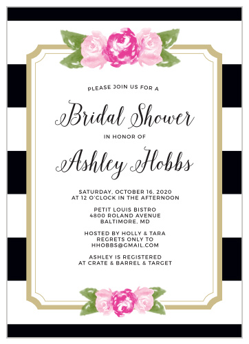 Bridal shower invitation uses peonies on a scalloped frame and bold stripes.You add the text.
