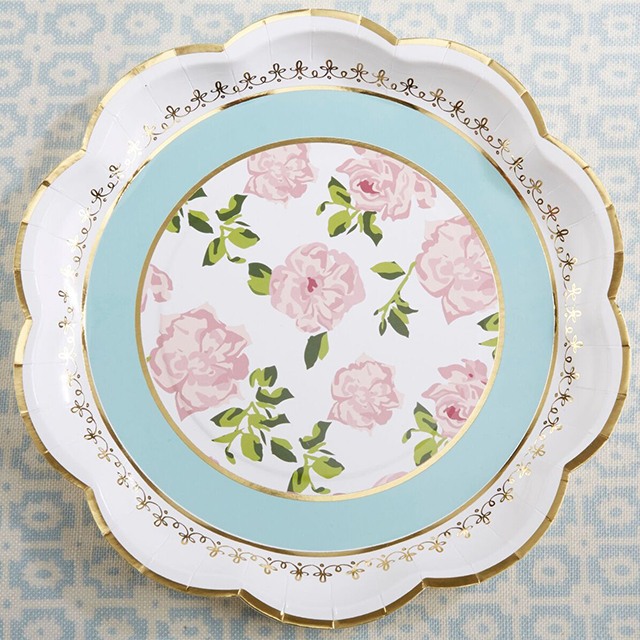 Pink, green, white, and gold floral design paper plates. These are 9", and come 8 in a pack. The colors would be easy to accent with solid colors.