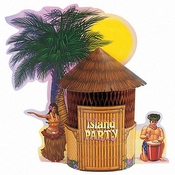 Tiki hut centerpiece for a luau party.