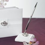 rhinestone linked hearts white pen set for wedding or bridal shower