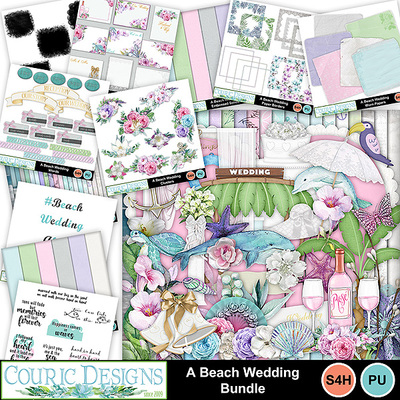 Soft colors and romantic designs make this beach wedding scrapbook bundle unique.