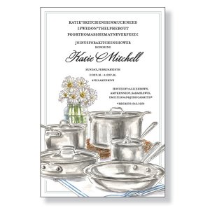 Party invitation showing cookware and daisies in a vase, on a table.