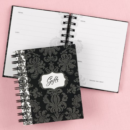 Black damask book for recording bridal shower gifts.