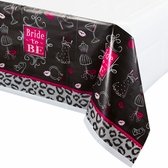 Bridal shower table cover with white top and black and pink design around the side.