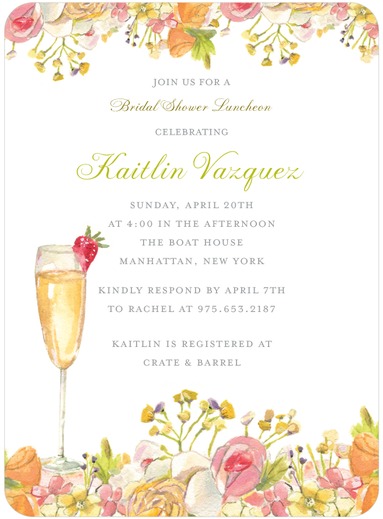Bridal shower invitation with champagne glass and flowers.