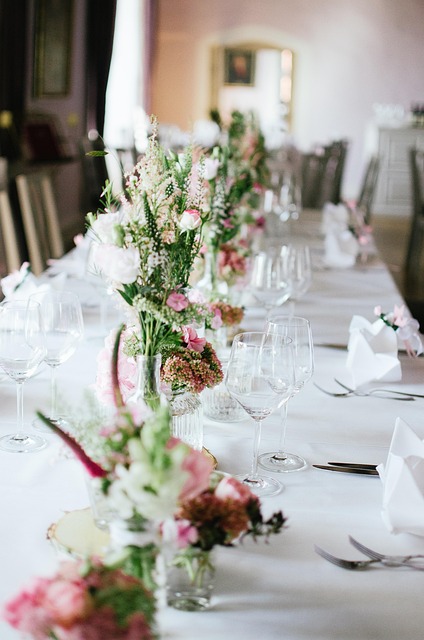 Catering table may include flowers.
