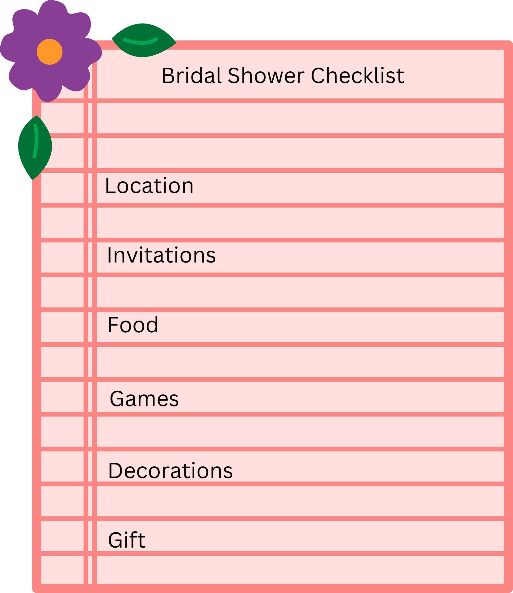 itemized list for a bridal shower