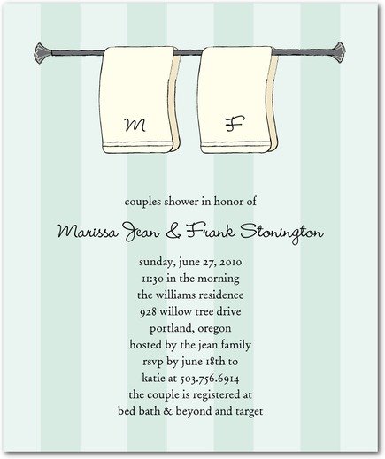 couples shower invitation showing two initialled towels on a towel rack