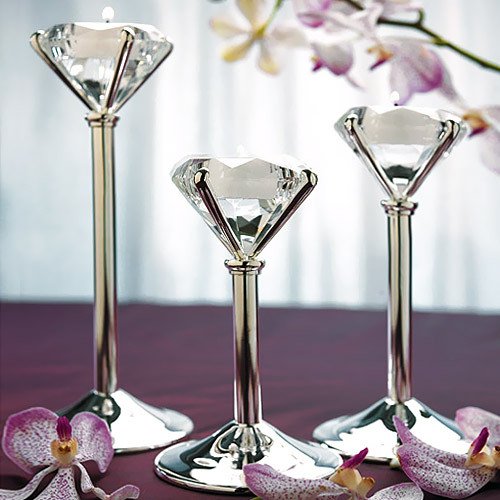 Your bridal shower decorations will glow with this diamond shaped set of three silver-plated tea light holders.