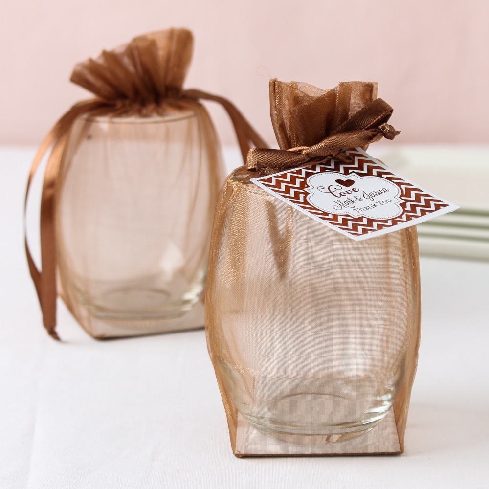 Easy gift wrapping for bridal shower favors and gifts with flat bottom organza bags with drawstring.