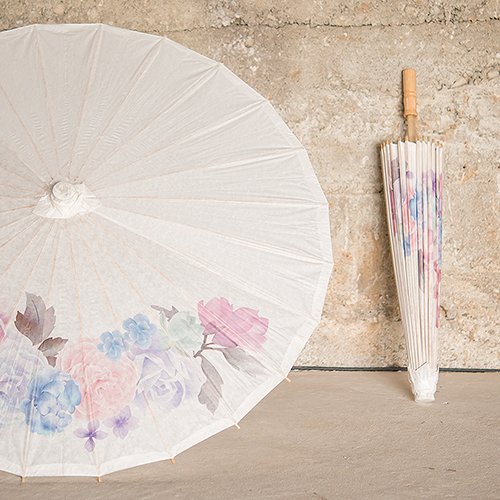 The soft floral design on this paper umbrella will add elegance to your bridal shower decor.