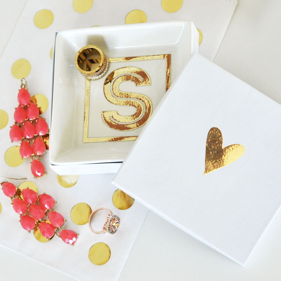 Personalize this white ceramic ring dish with the bride's initial in gold vinyl for a special bridal shower gift.