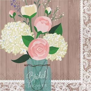 An old-school mason jar filled with flowers, gives this napkin design it's rustic appeal.